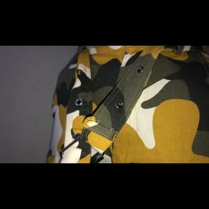 Mustard yellow, camo green, and white cargo pants